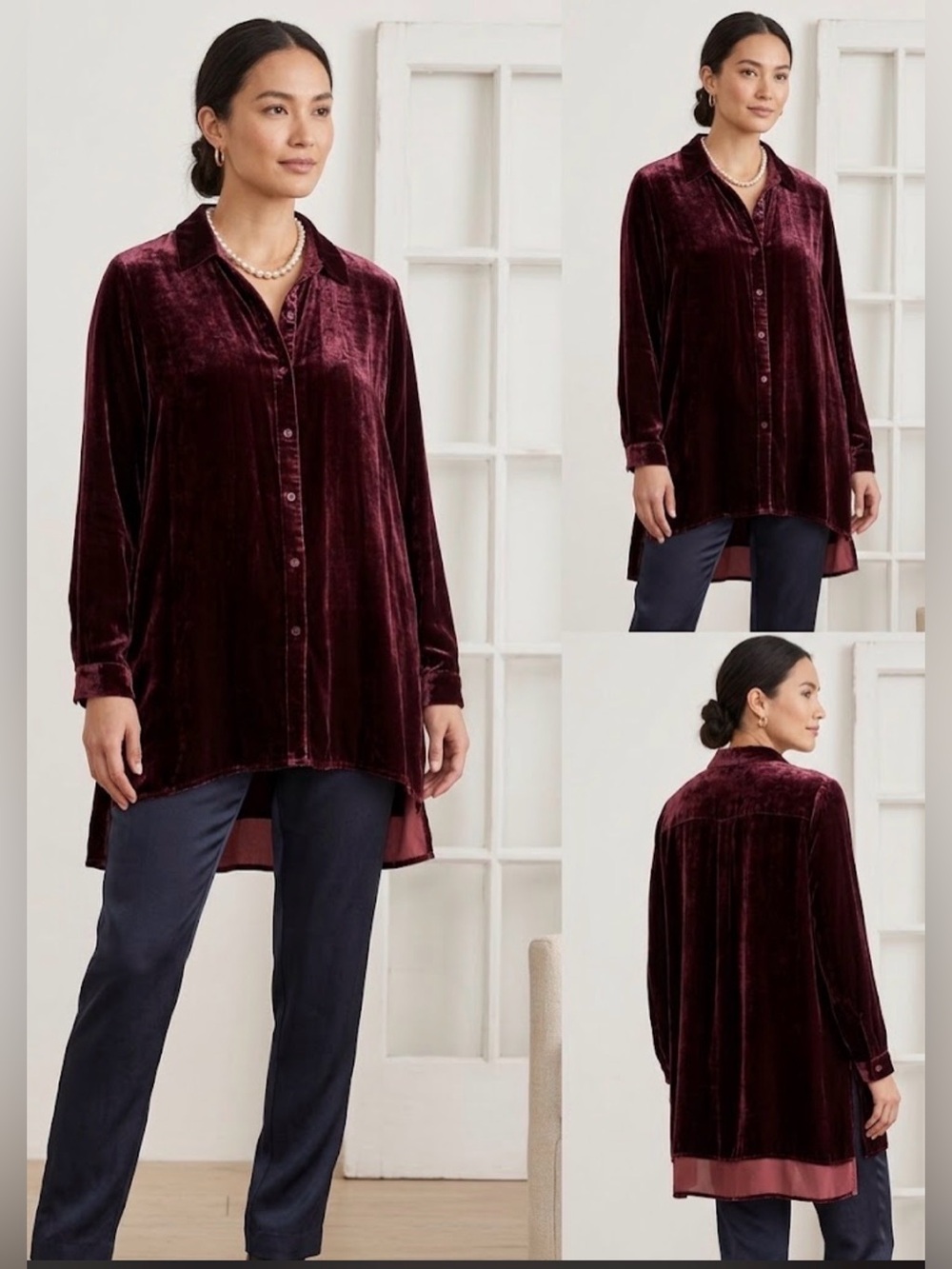 Eileen Fisher Velvet Button-Front Tunic in Deep Wine Tunic Shirt Long Medium